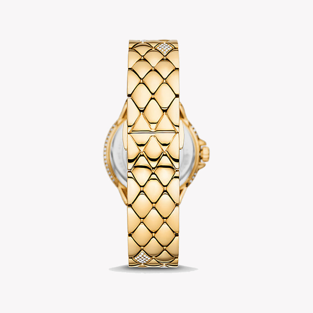 Michael Kors Mini Camille MK4801 gold-tone quilted stainless steel bracelet detail with fold-over clasp