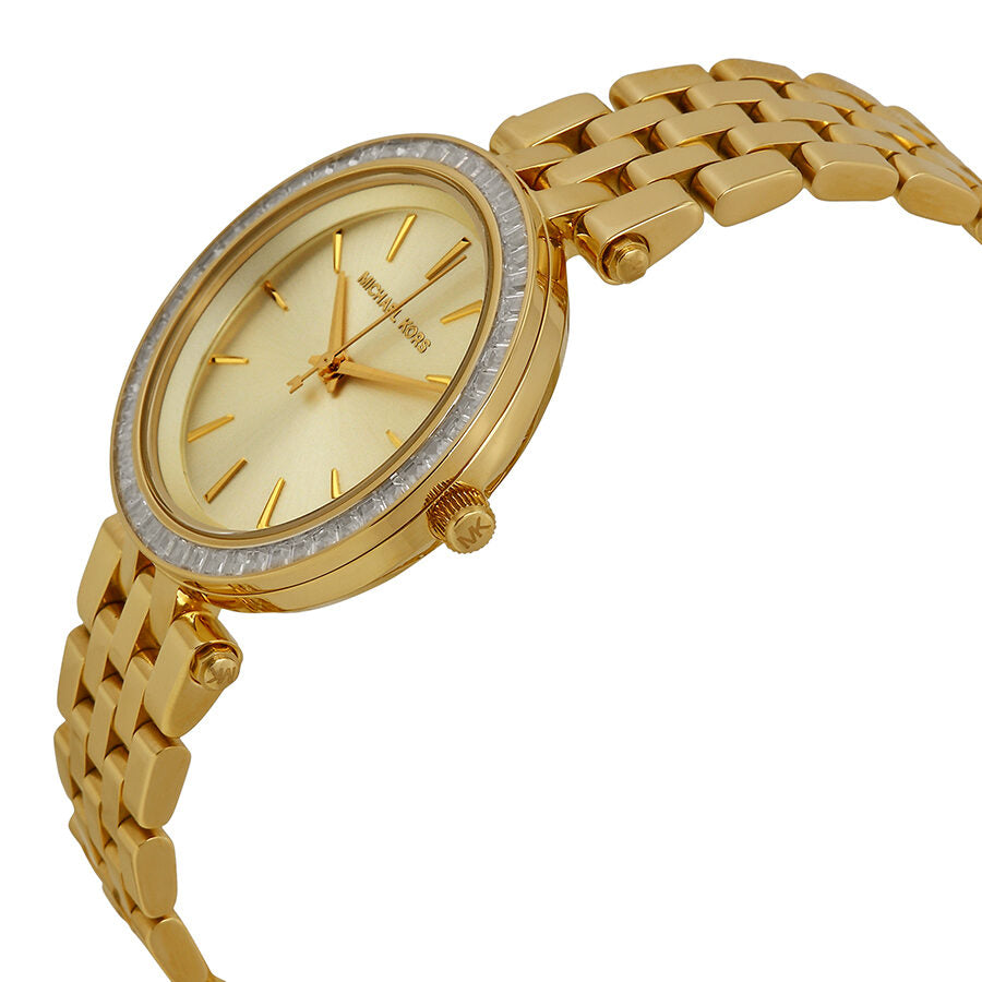 Michael Kors Mini Darci watch angled view showing gold bracelet strap