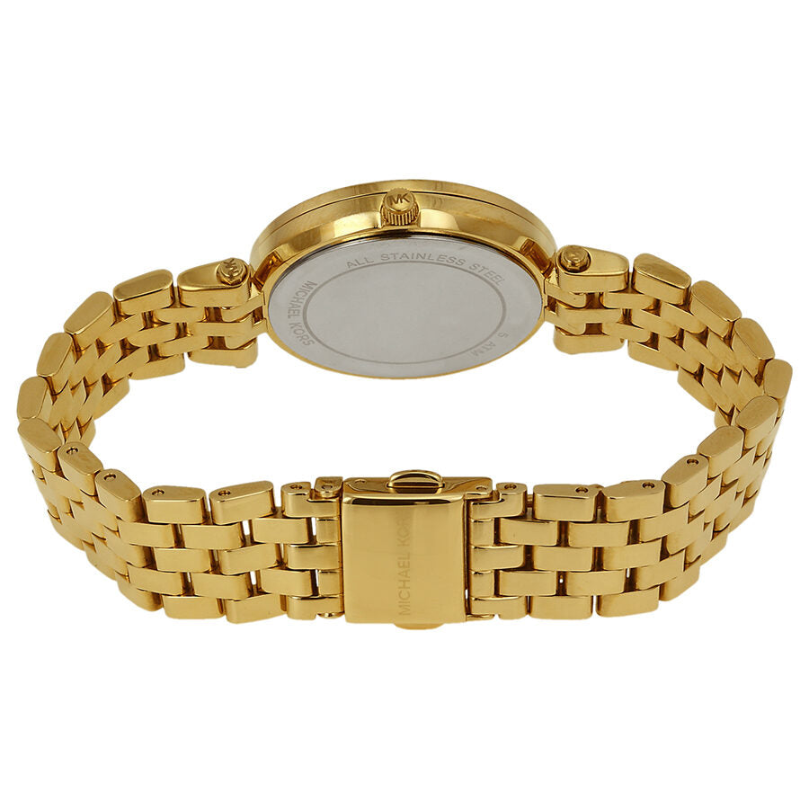 Michael Kors Mini Darci watch caseback with gold fold-over clasp bracelet