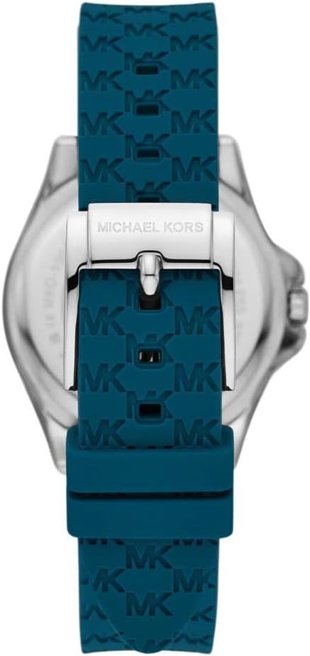 Back view of Michael Kors Mini Pilot watch showing case back and teal patterned strap