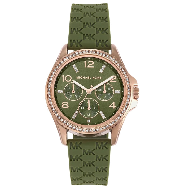 Michael Kors Mini Pilot rose gold-tone chronograph watch with olive green silicone strap