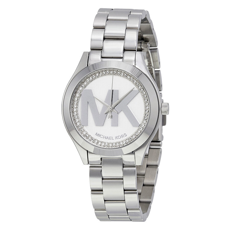 Michael Kors Mini Slim Runway silver-tone women's watch with white dial and crystal bezel