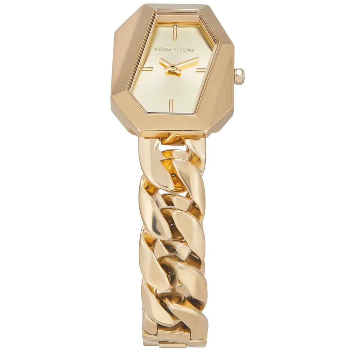 Michael Kors Mini Suri watch top-down view with chain strap and hexagonal face