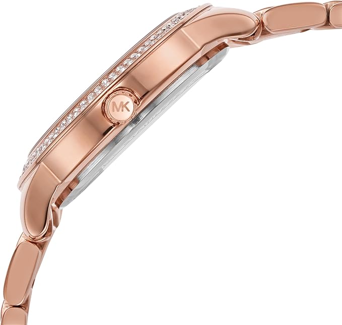 Michael Kors MK1058 angled side view of rose gold case with crystal bezel and strap