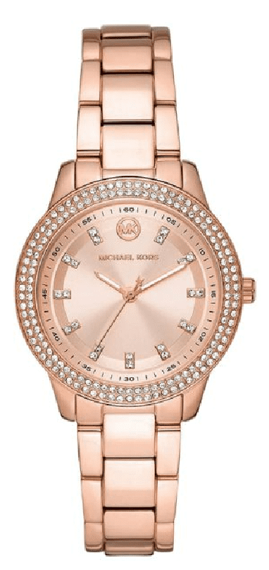 Michael Kors MK1058 women's rose gold watch with crystal-accented bezel and matching bracelet
