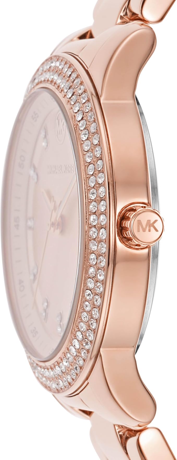Michael Kors MK1058 side view showing crystal bezel and rose gold case profile