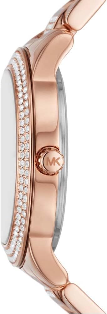 Michael Kors MK1070 rose gold watch side profile showing bezel crystals and bracelet
