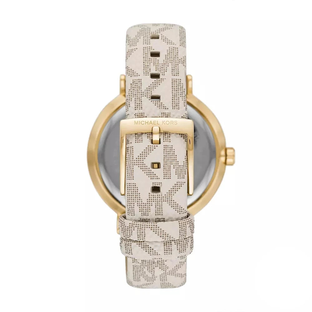 Back view of Michael Kors Addyson watch with beige patterned leather strap