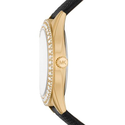 Michael Kors MK2988 Harlowe side view showing gold-tone case profile and crystal bezel