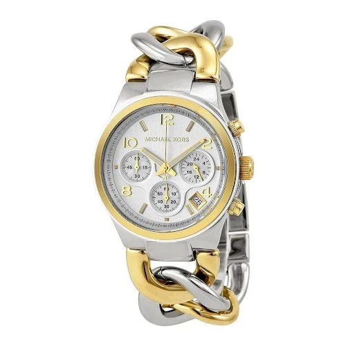 Michael Kors MK3199 Twist Chain two-tone chronograph watch with white dial and chain link strap