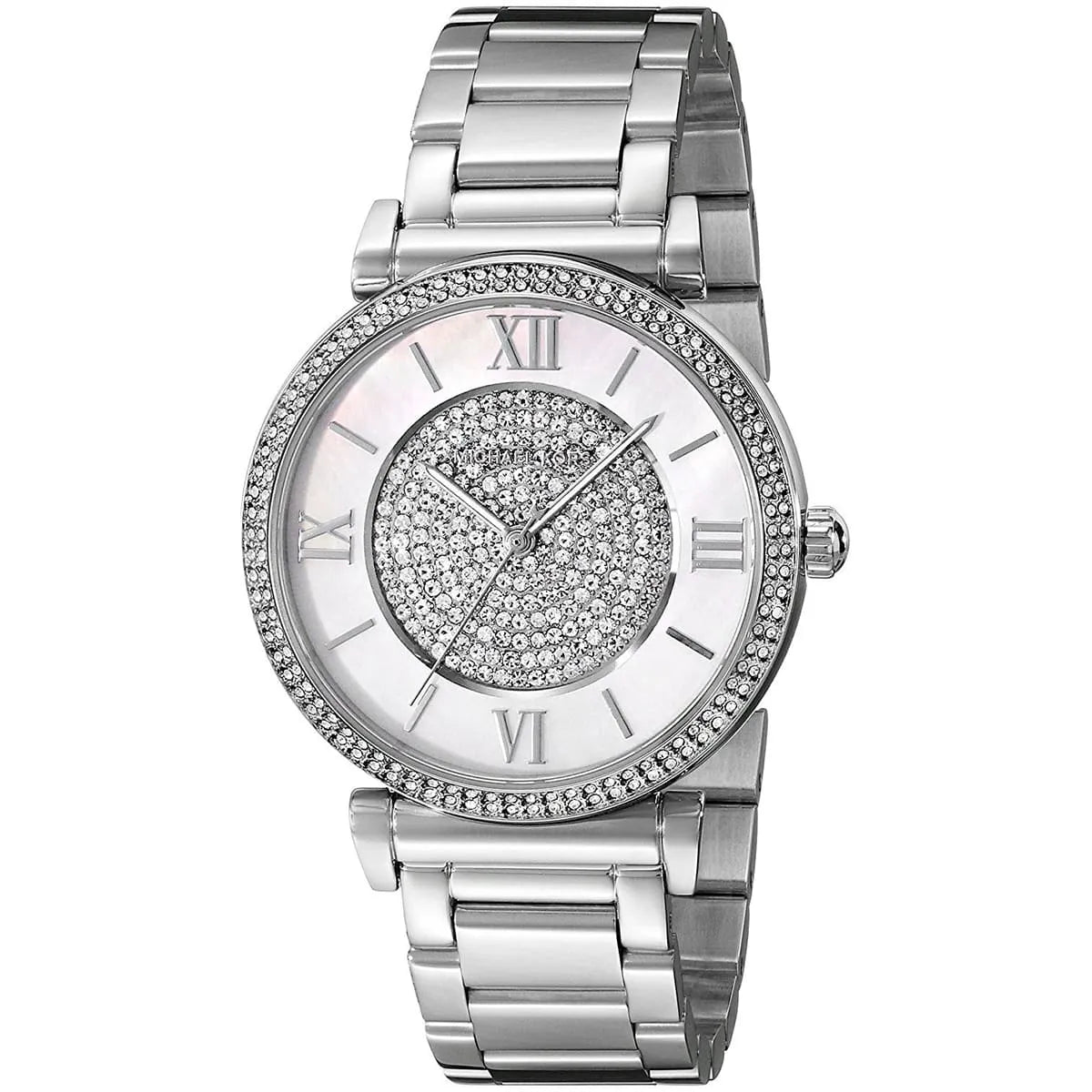 Angled view of Michael Kors MK3331 showing crystal bezel and stainless steel case