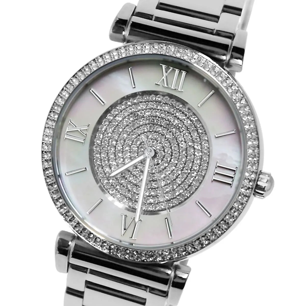 Close-up of MK3331 dial showing crystal pave center, mother-of-pearl background, and Roman numerals