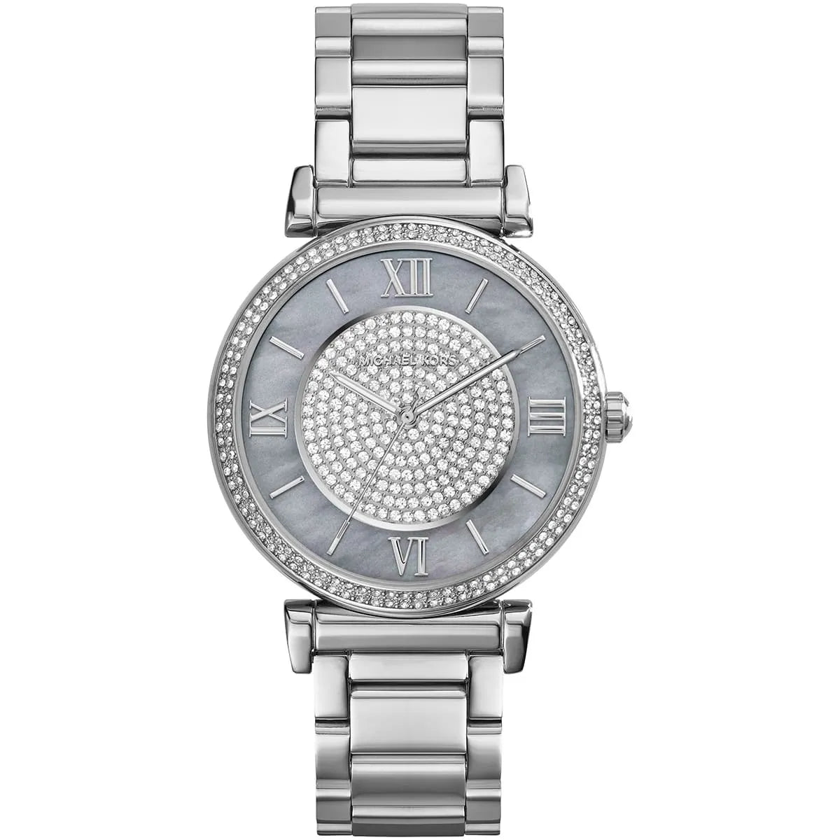 MK3331 watch front view featuring mother-of-pearl dial with crystal pave and Roman numeral markers