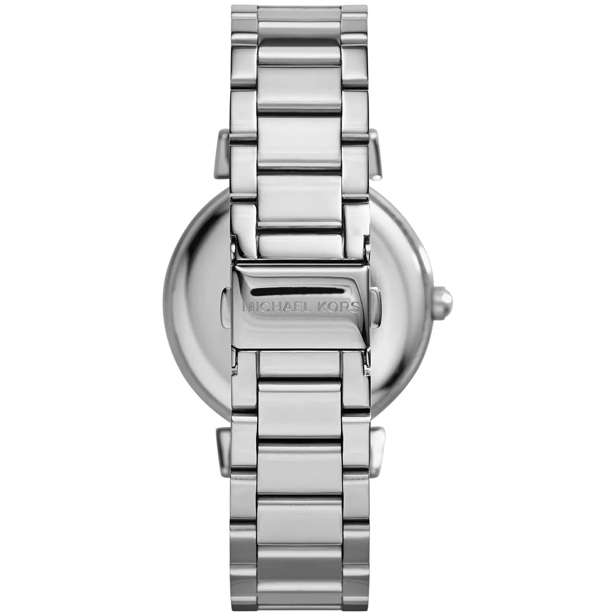 Overhead view of Michael Kors MK3331 displaying full dial and stainless steel bracelet