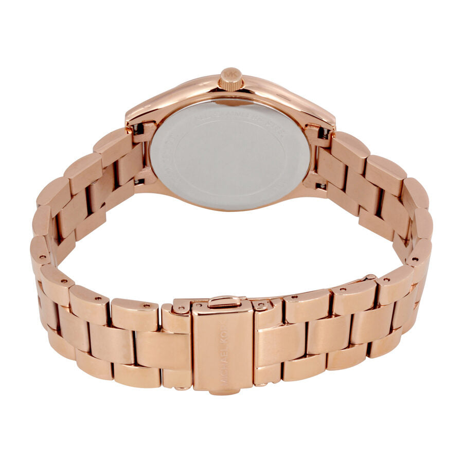 Back view of Michael Kors Mini Slim Runway watch showing case back and rose-gold stainless steel bracelet