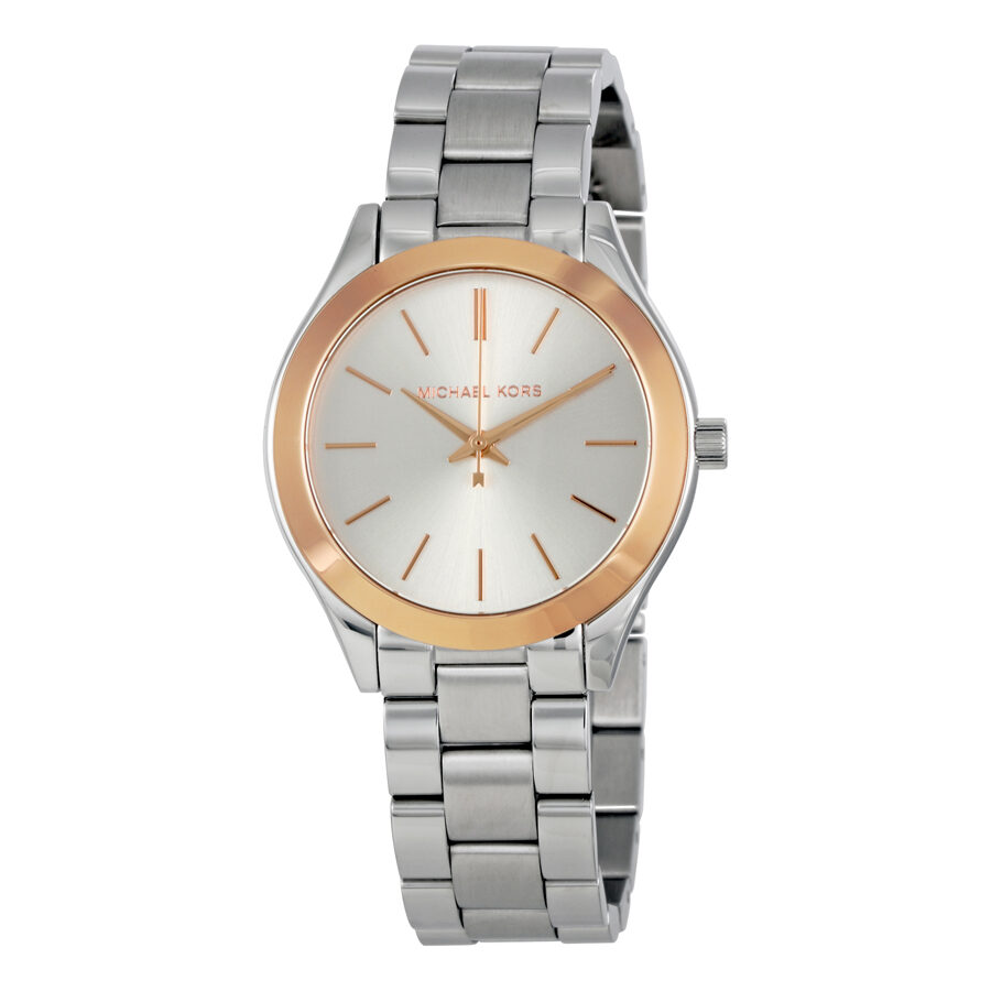 Michael Kors Mini Slim Runway women's watch with silver-tone bracelet and rose gold bezel