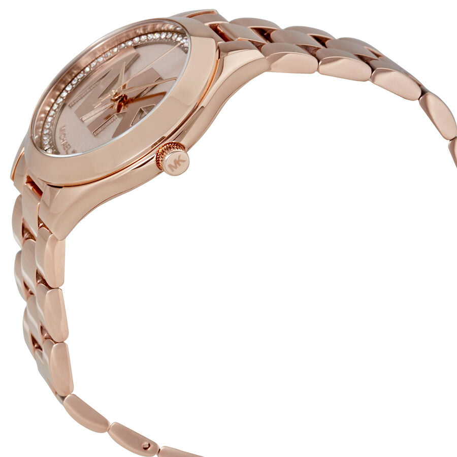 Side angle view of Michael Kors rose gold watch showing link bracelet and profile