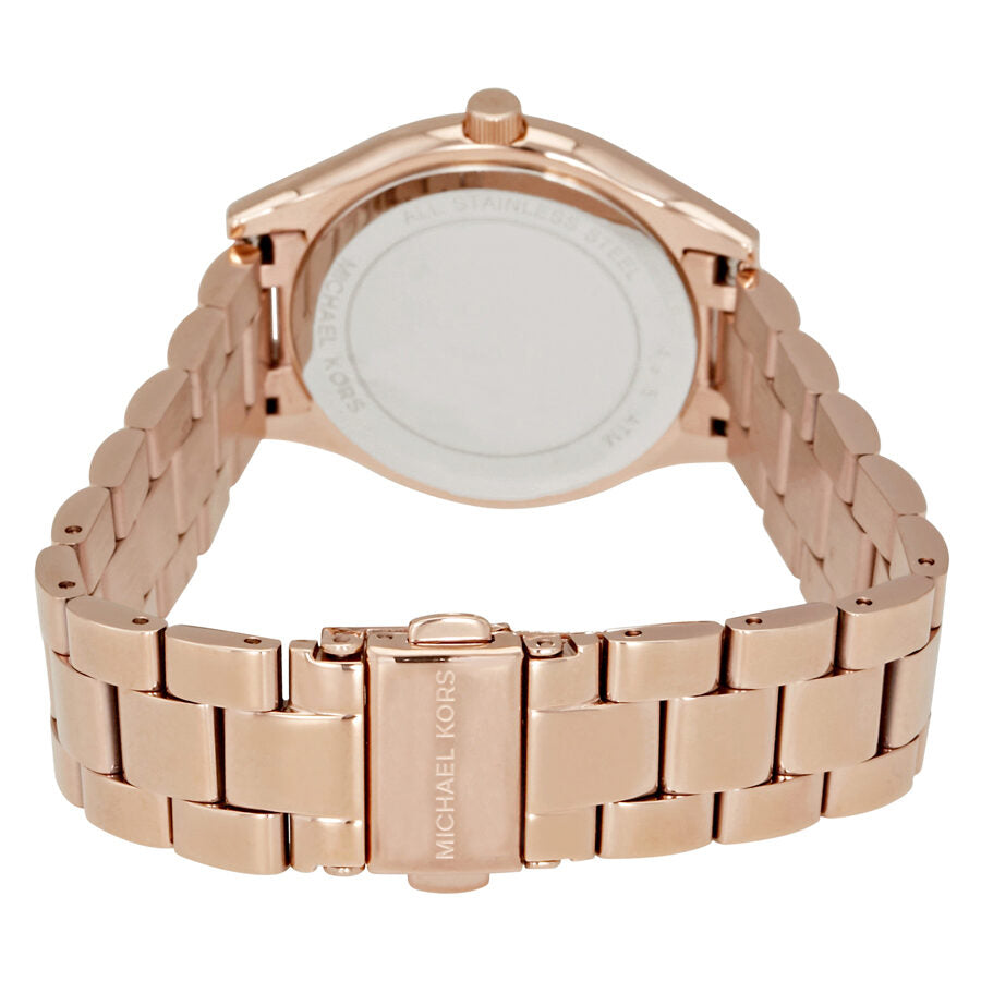 Back view of Michael Kors MK3549 watch showing rose gold caseback and bracelet clasp