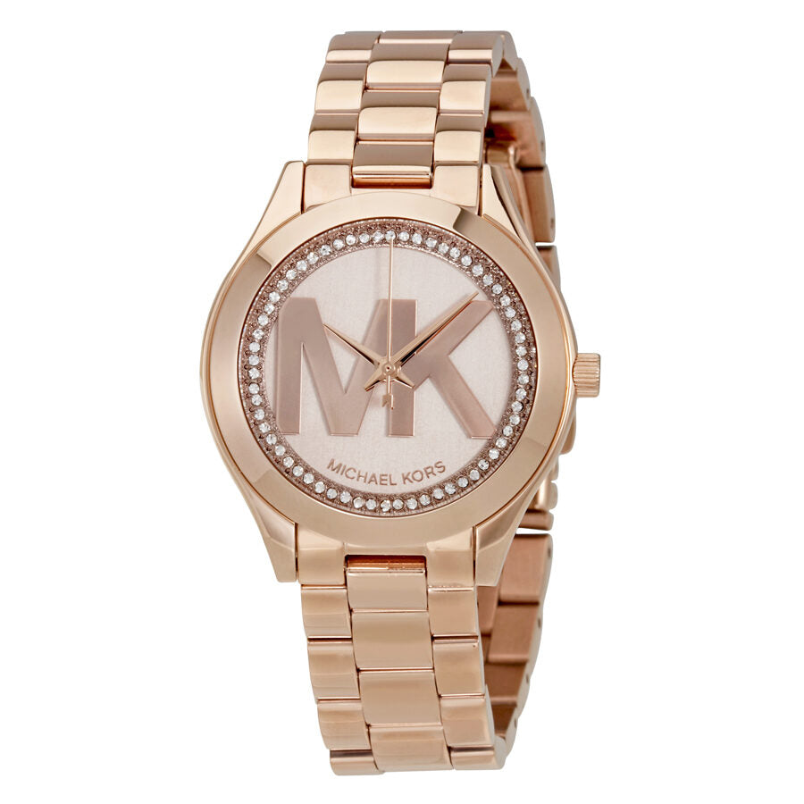 Michael Kors Mini Slim Runway rose gold women's watch with MK logo dial and crystal bezel