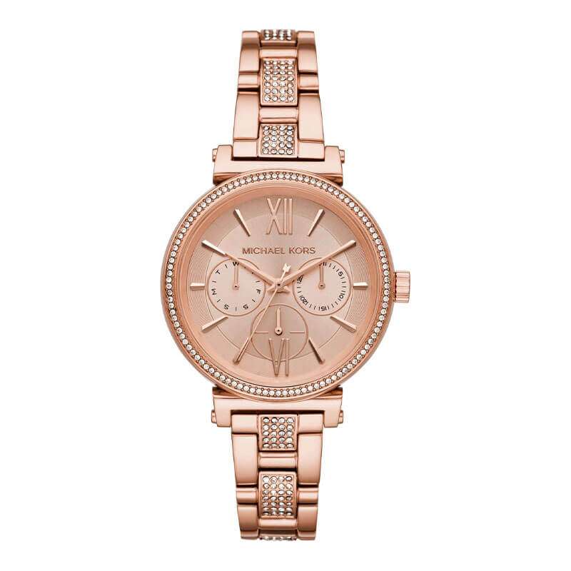 Michael Kors Sofie MK4354 rose gold women's chronograph watch with crystal bezel and metal strap