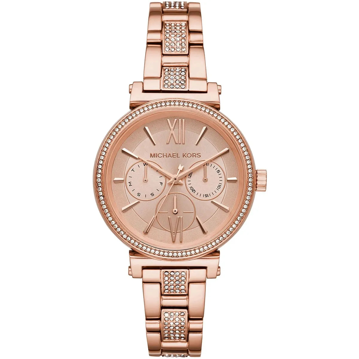 Michael Kors MK4354 Sofie watch with rose gold dial, Roman numerals, and three subdials