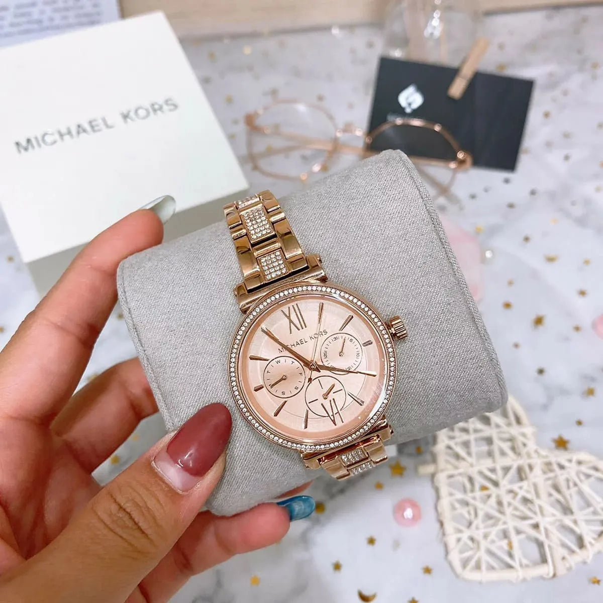 Michael Kors MK4354 Sofie watch with packaging box and shopping bag