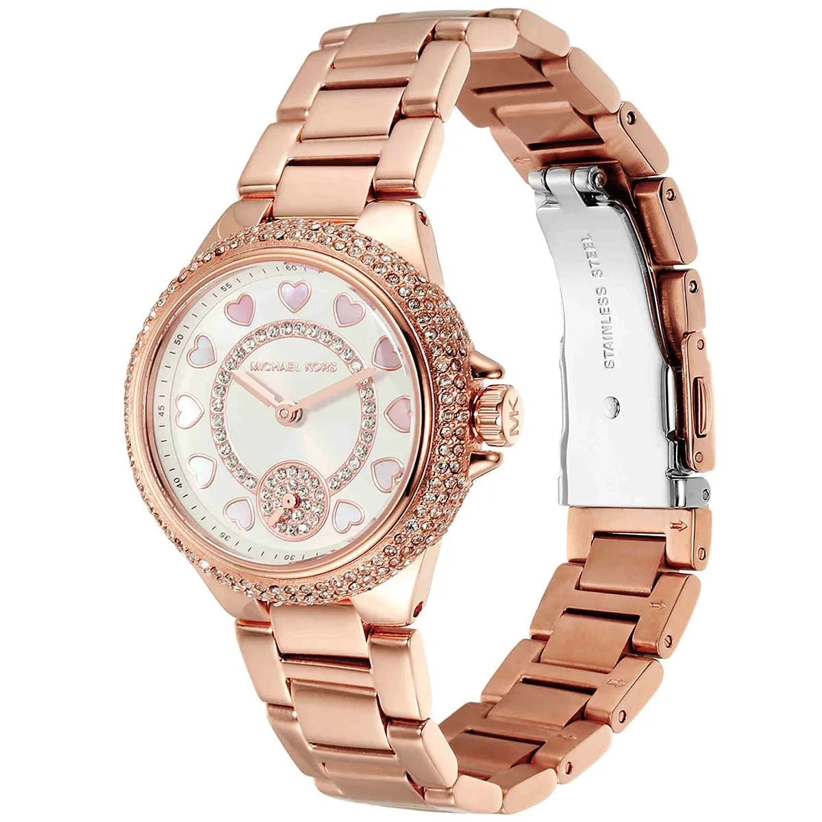 MK4700 rose gold watch angled view showing bracelet and crystal-set bezel