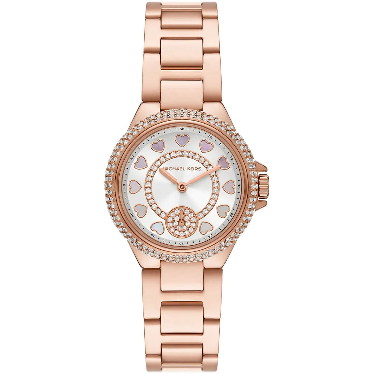 Michael Kors MK4700 rose gold ladies watch with crystal bezel and heart-patterned dial