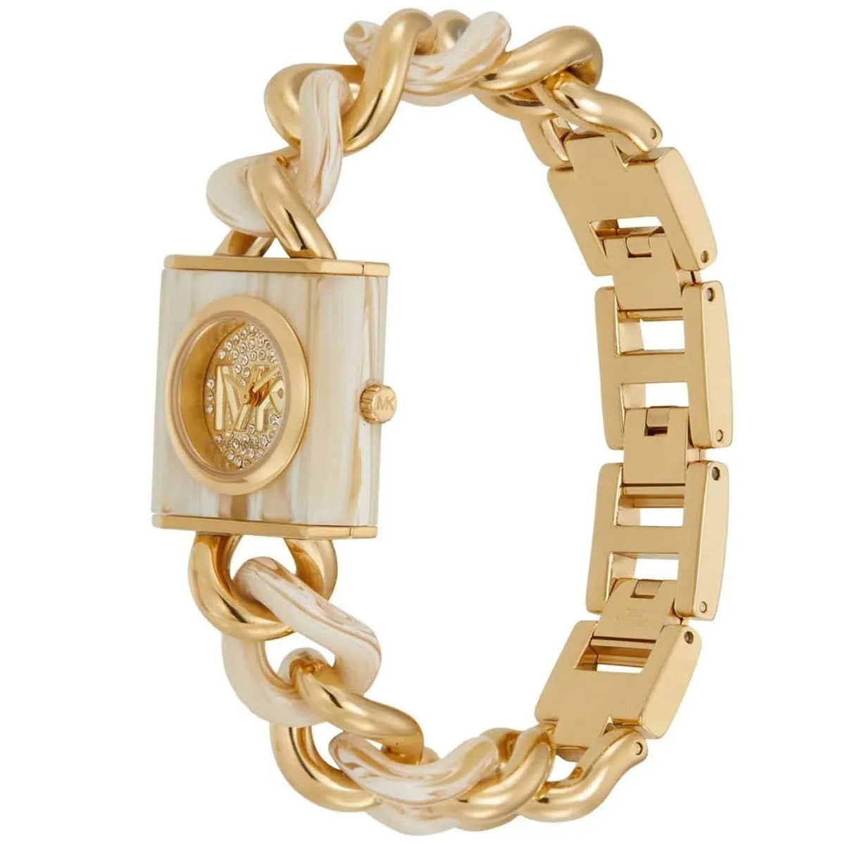 Michael Kors Chain Lock watch laid flat showing gold and silver chain design