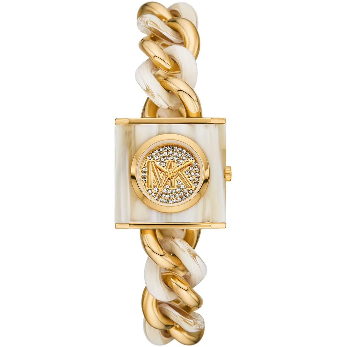 Michael Kors Chain Lock watch angled view showing crystal dial and chain link strap