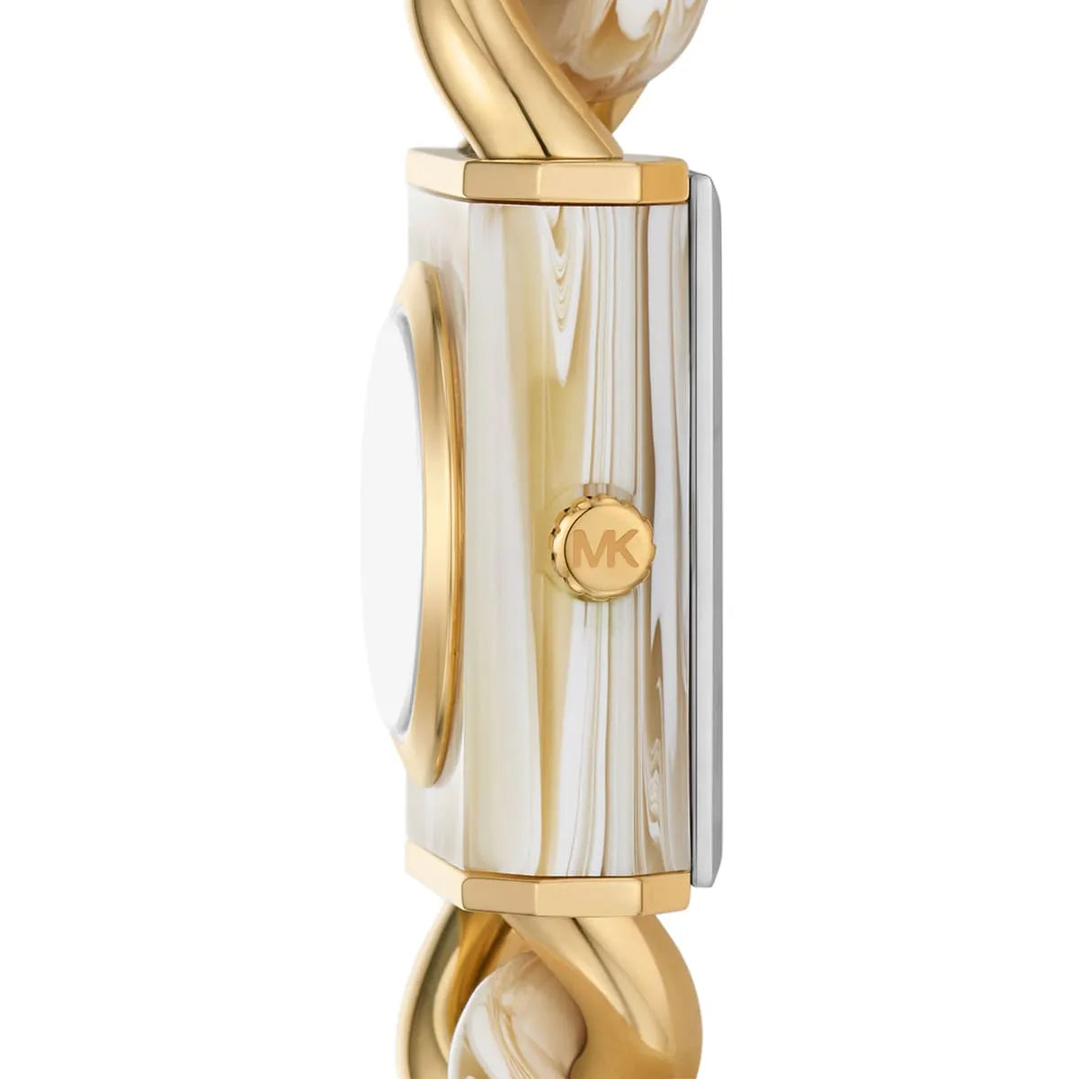 Michael Kors Chain Lock watch side profile view of rectangular case and chain