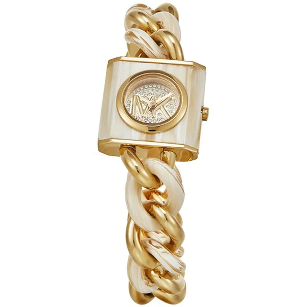 Michael Kors Chain Lock watch side view showing rectangular case and chain strap