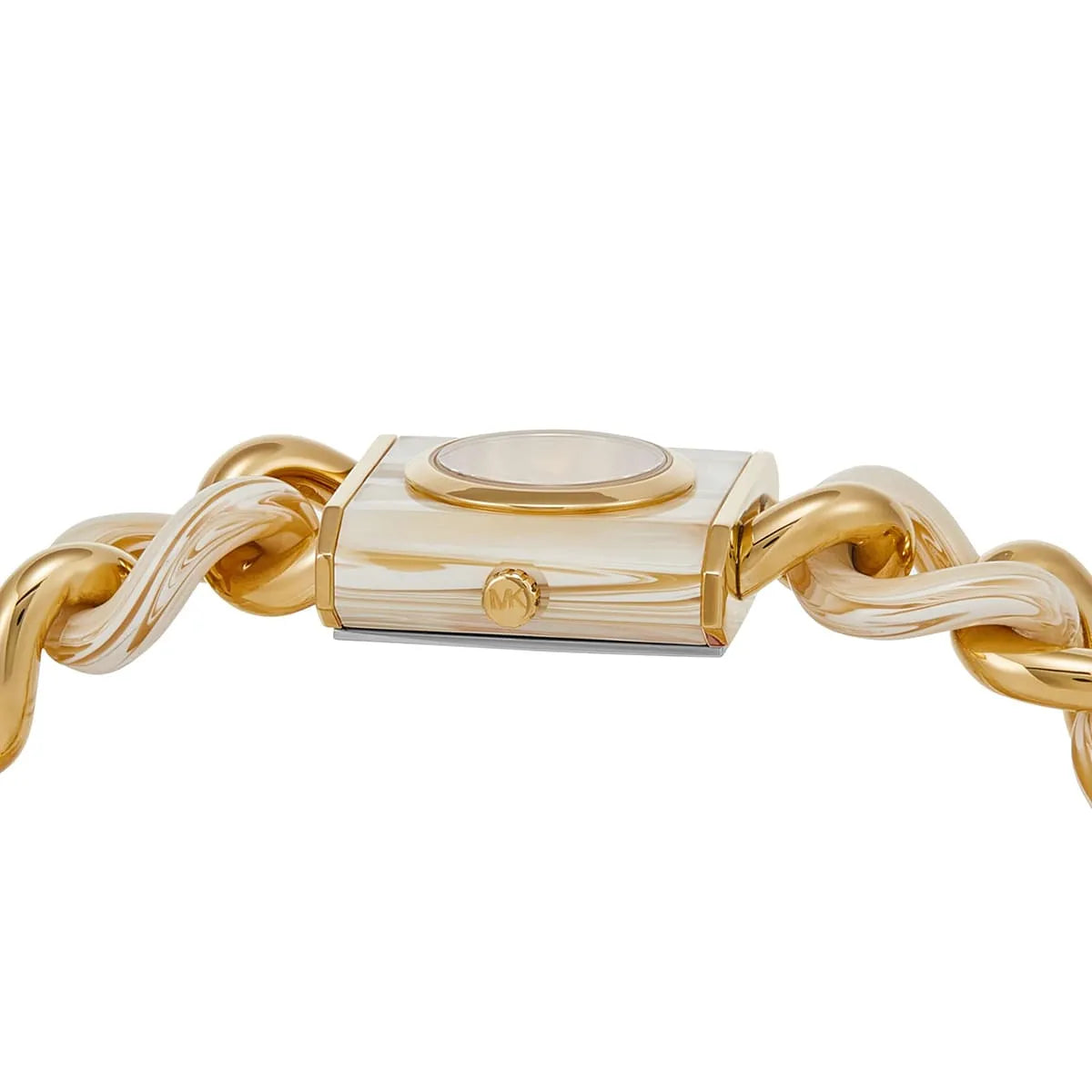Michael Kors Chain Lock watch strap detail showing twisted gold and cream chain links