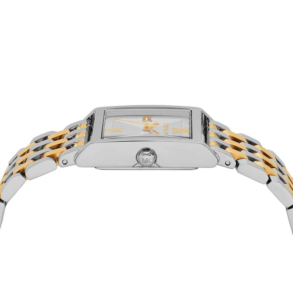 Case back view of Michael Kors Georgie watch showing logo and crown detail