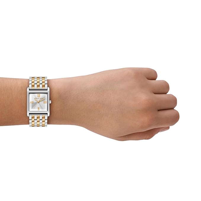 Michael Kors Petite Georgie two-tone watch worn on wrist showing square face and mixed metal bracelet