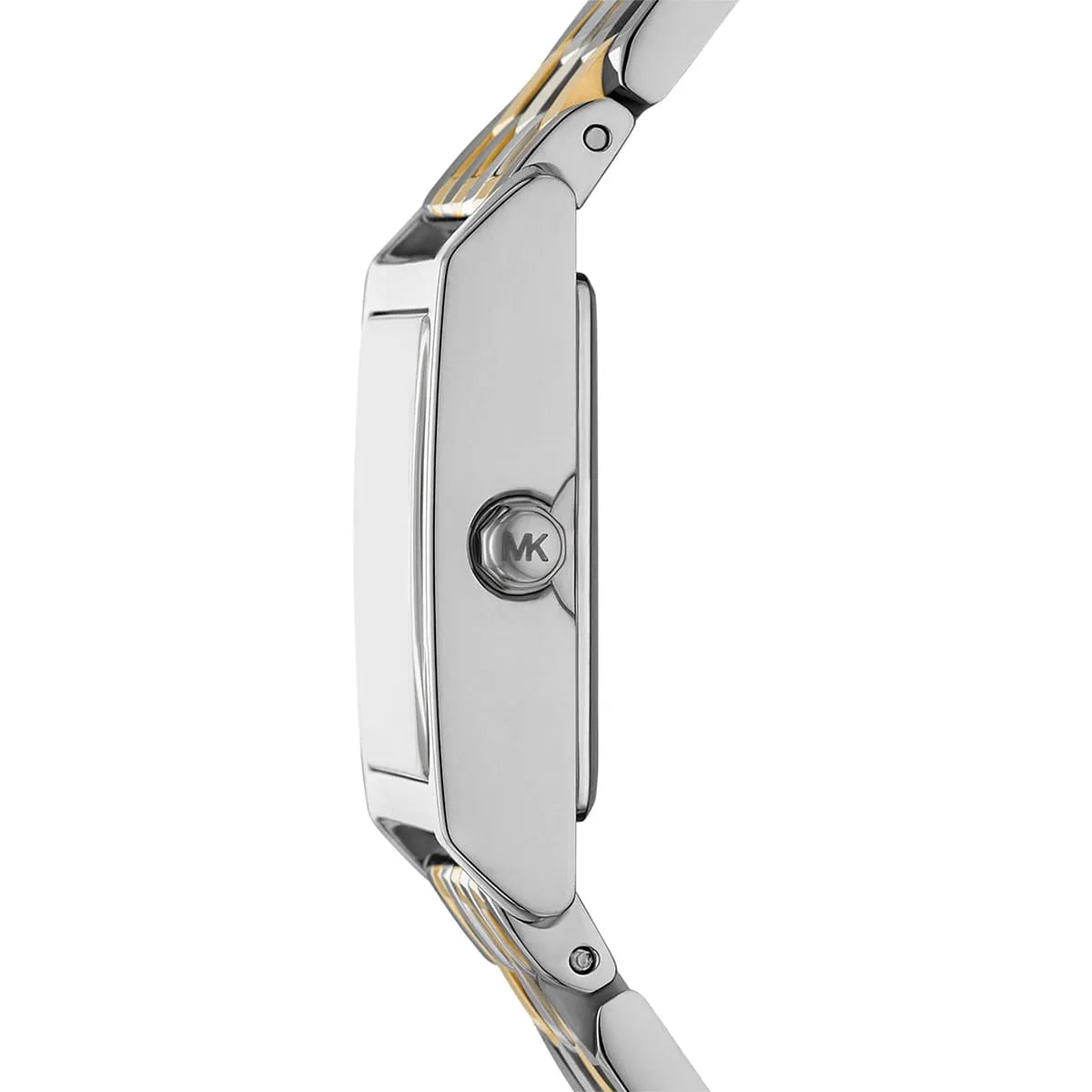 Side profile of Michael Kors Petite Georgie showing case thickness with two-tone metal bracelet