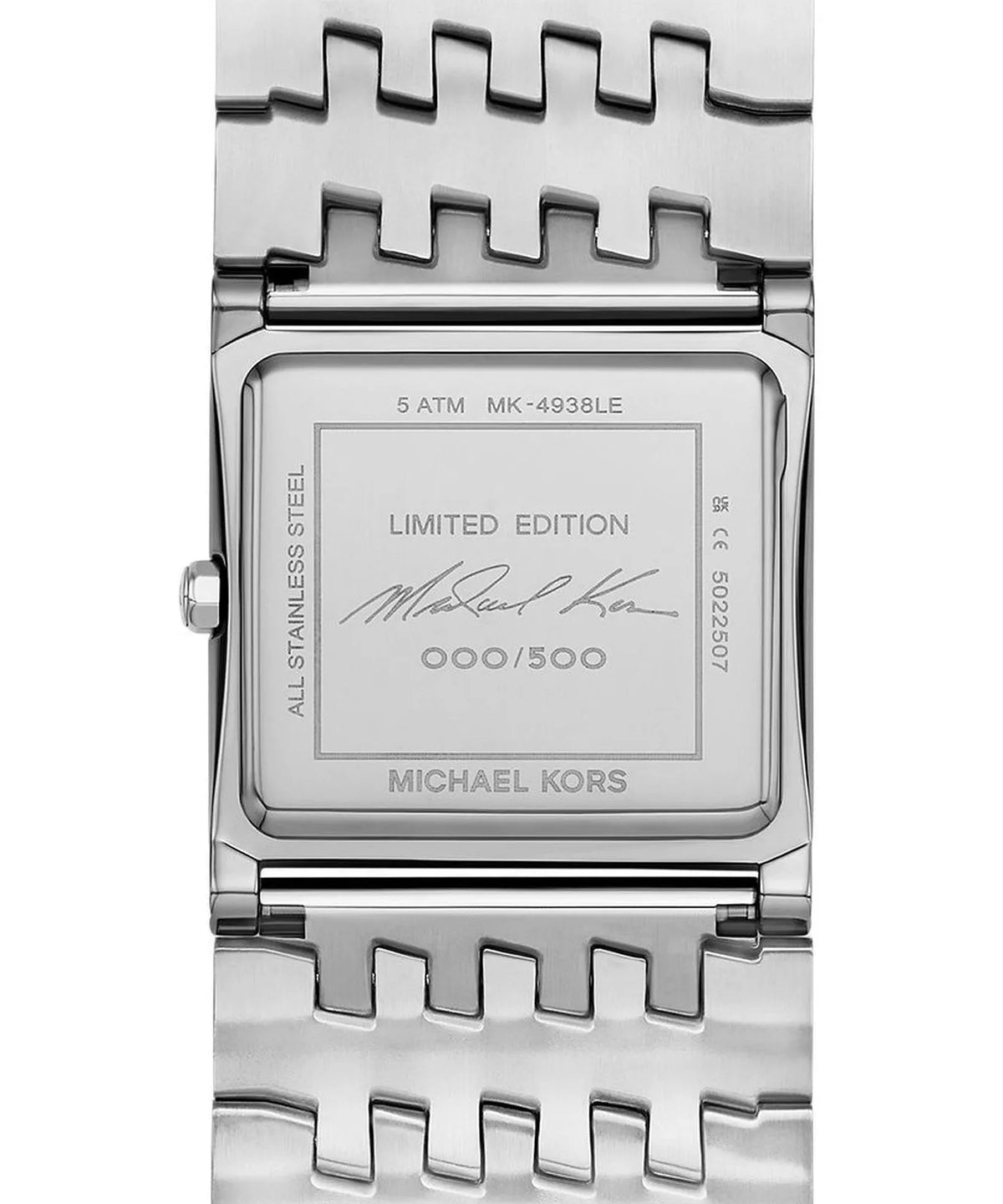 Michael Kors MK4938LE case back showing 5 ATM water resistance and Limited Edition 000/500 marking