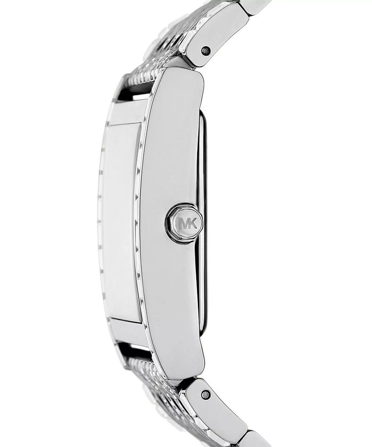 Side view of Michael Kors MK4938LE rectangular watch showing stainless steel case profile