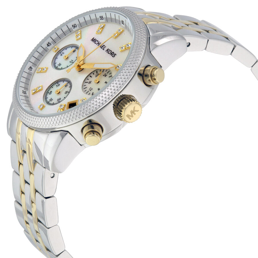 Side angle view of two-tone Michael Kors chronograph watch with mixed metal bracelet