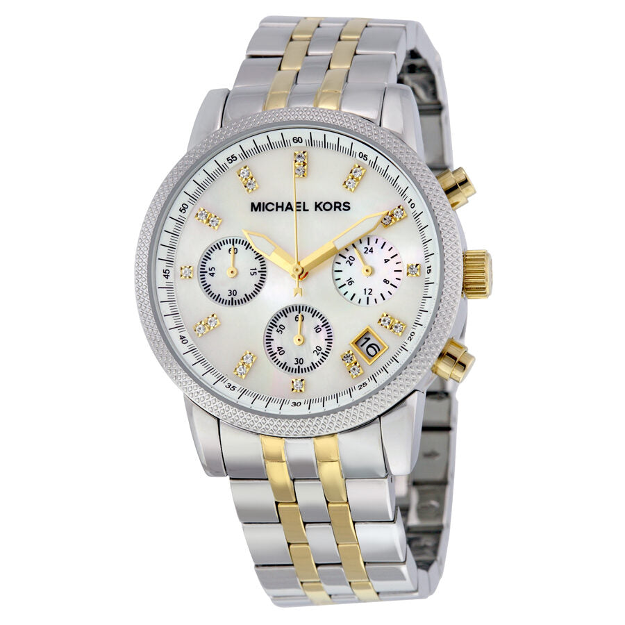 Michael Kors ladies two-tone chronograph watch with cream dial and crystal bezel