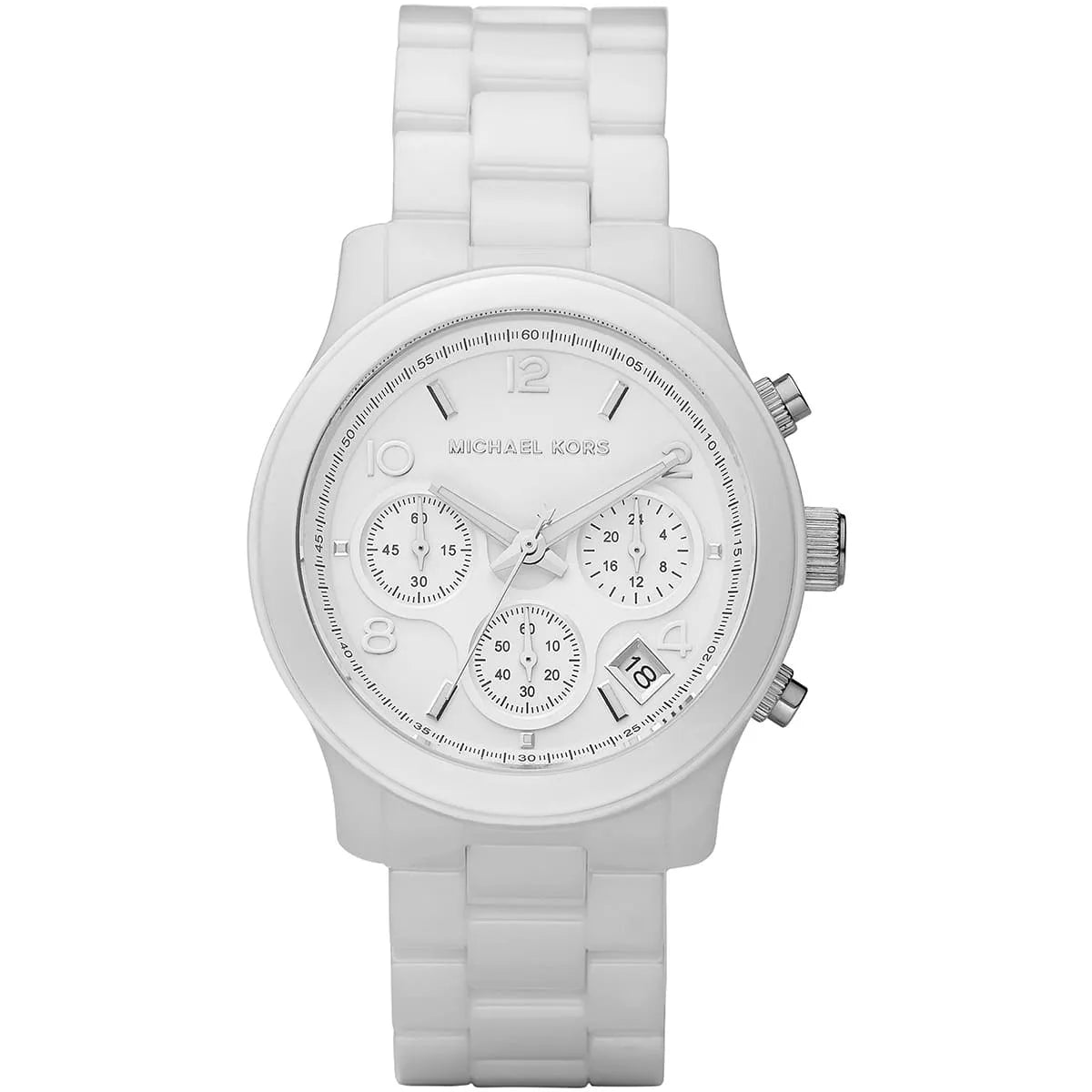 Michael Kors MK5161 white ladies chronograph watch with white ceramic band and three subdials