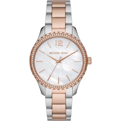 Michael Kors MK6849 Layton watch with two-tone silver and rose gold strap, crystal bezel, and white dial