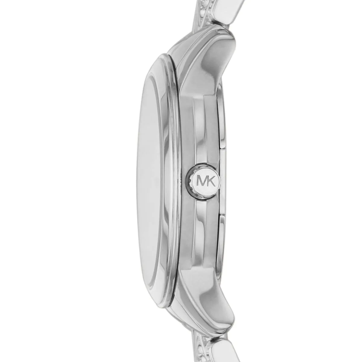 Side profile of Michael Kors Runway Mercer case with MK branding and stainless steel strap