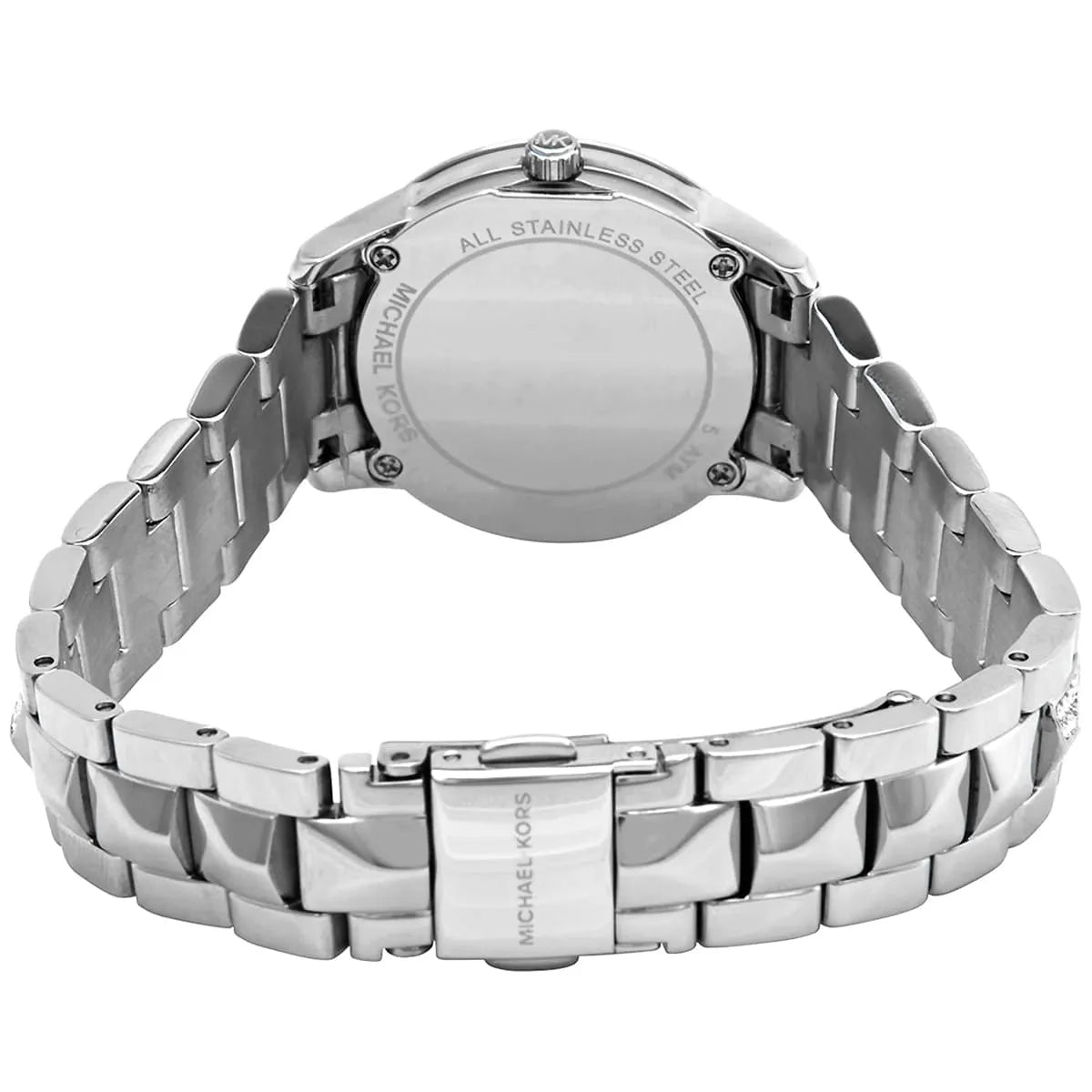 Back view of Michael Kors Runway Mercer caseback with stainless steel strap links visible