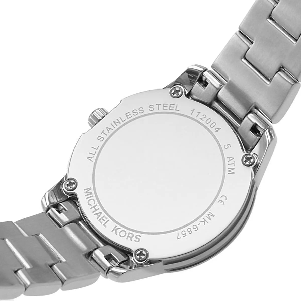 Michael Kors Runway Mercer watch caseback showing stainless steel and MK engraving with specifications