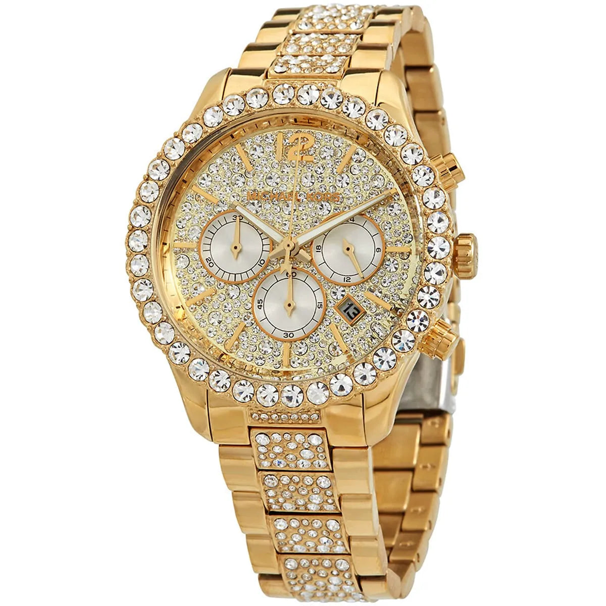 MK6977 gold watch angled view showing crystal-set dial and link bracelet