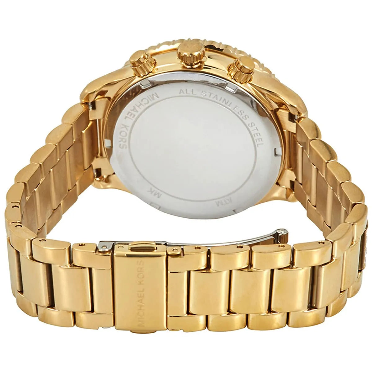 MK6977 rear view of gold case and link bracelet with visible caseback