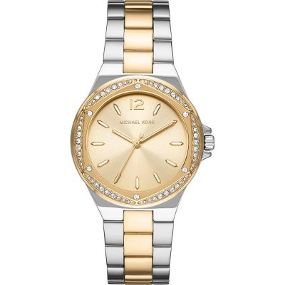 Michael Kors MK6988 Lennox watch with two-tone silver and gold bracelet, crystal bezel, and champagne dial