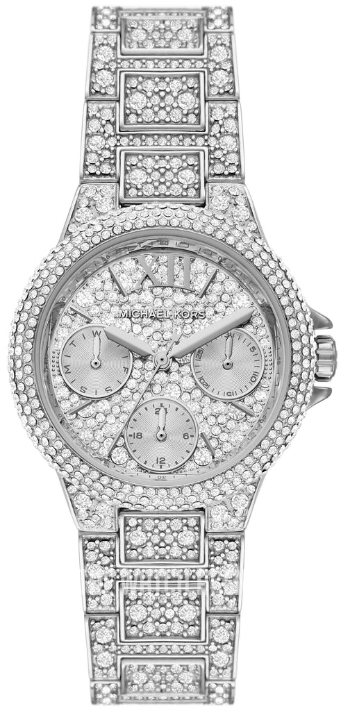 Michael Kors Mini Camille silver-tone women's watch with crystal pavé case and bracelet