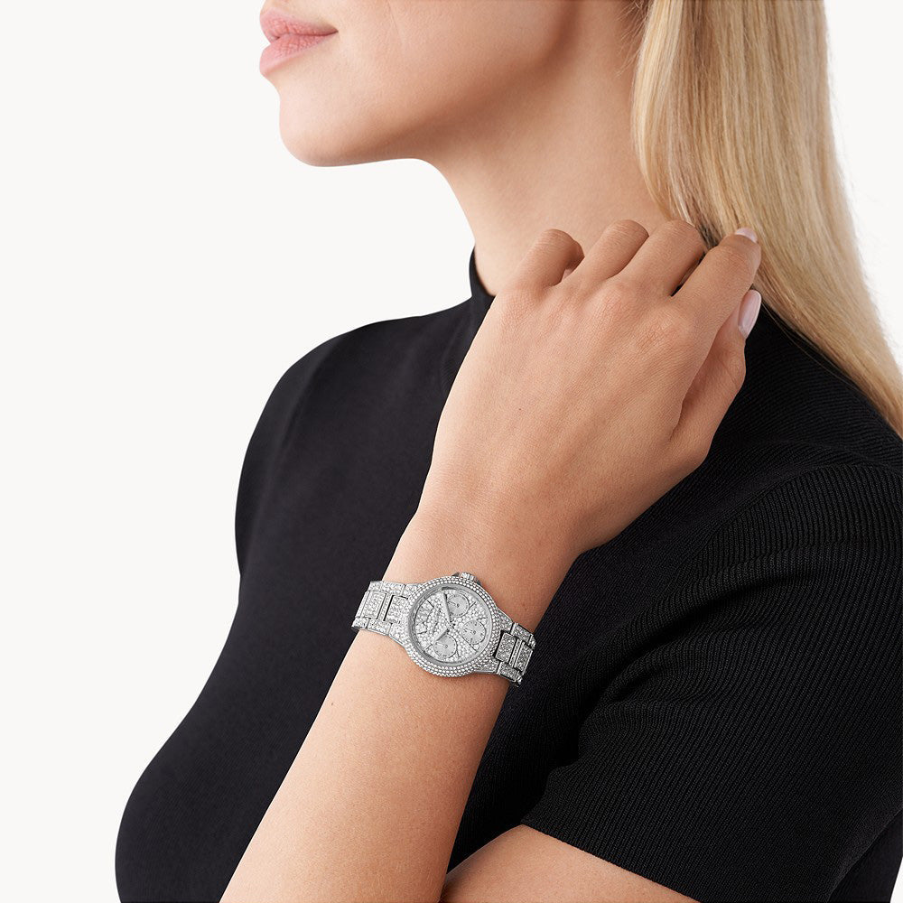 Mini Camille watch worn on wrist showing crystal pavé dial and bracelet